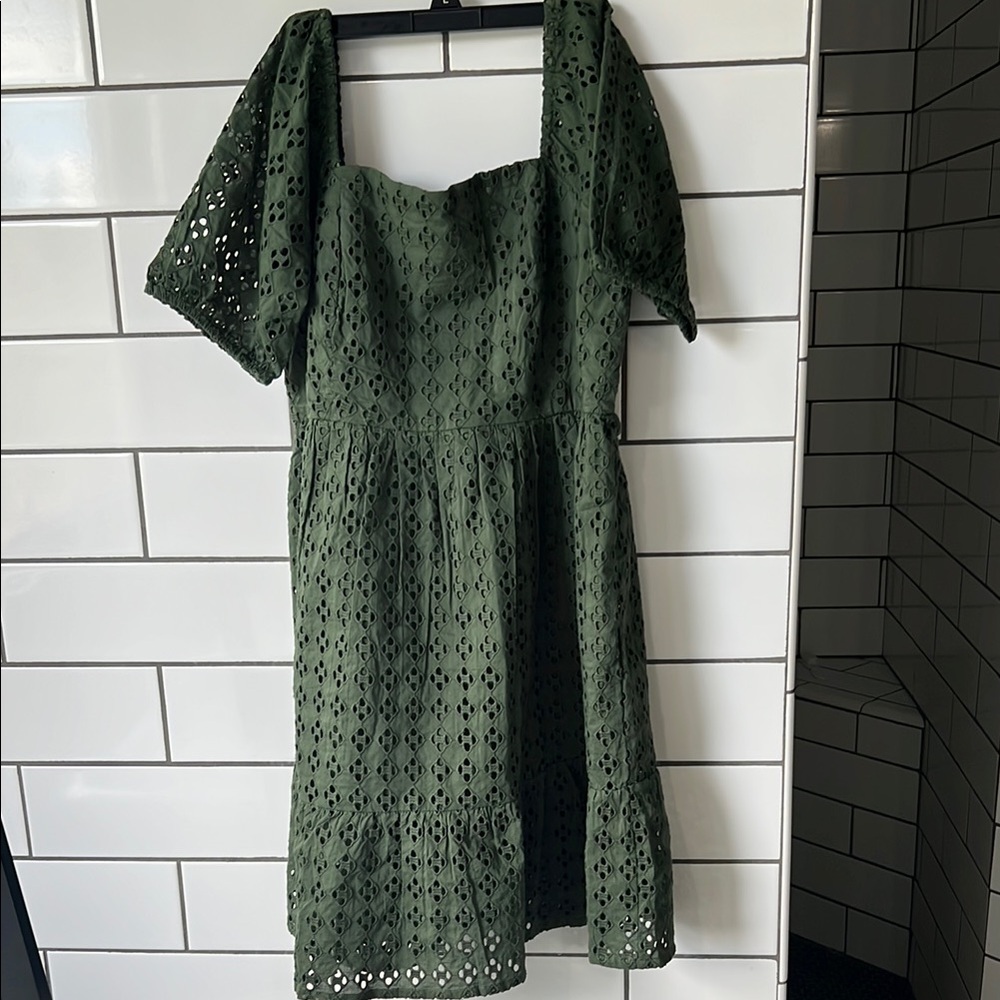 La Blanca Olive Green Eyelet Midi Dress with Square Neck